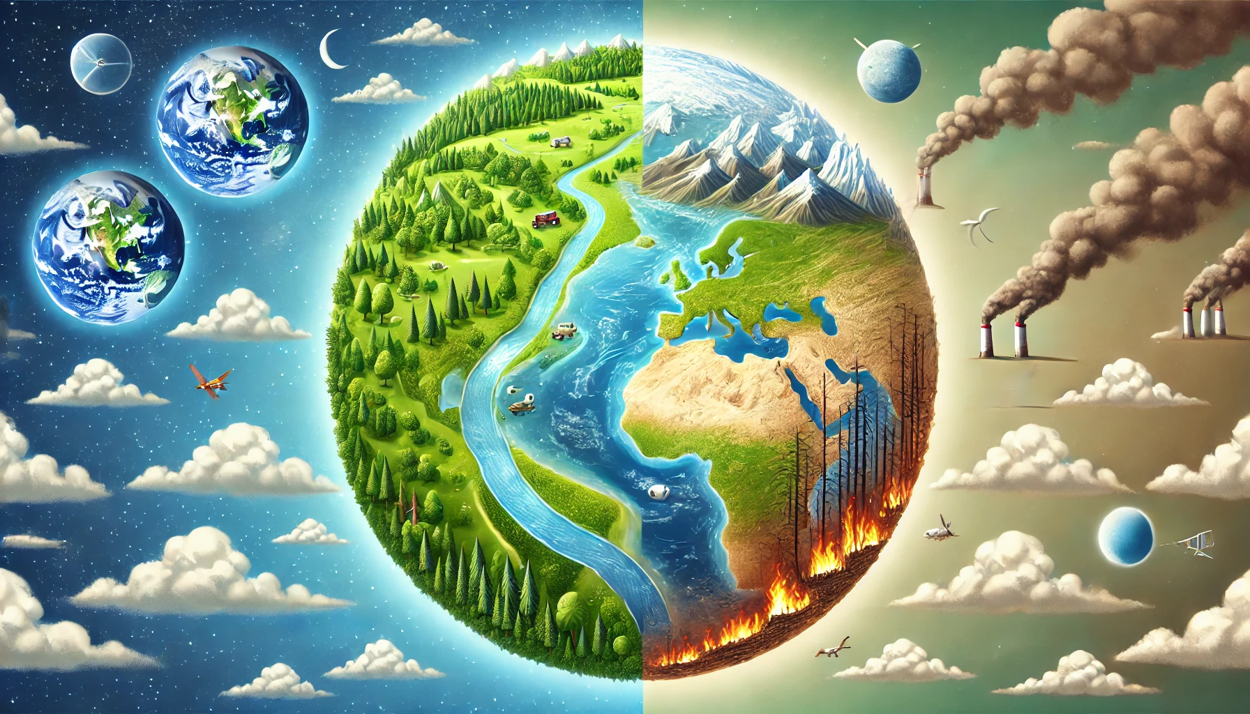 DALL·E 2025 02 04 17.43.29 A digital illustration visualizing climate change showing a split view of Earth. On the left side a lush green landscape with forests rivers and t