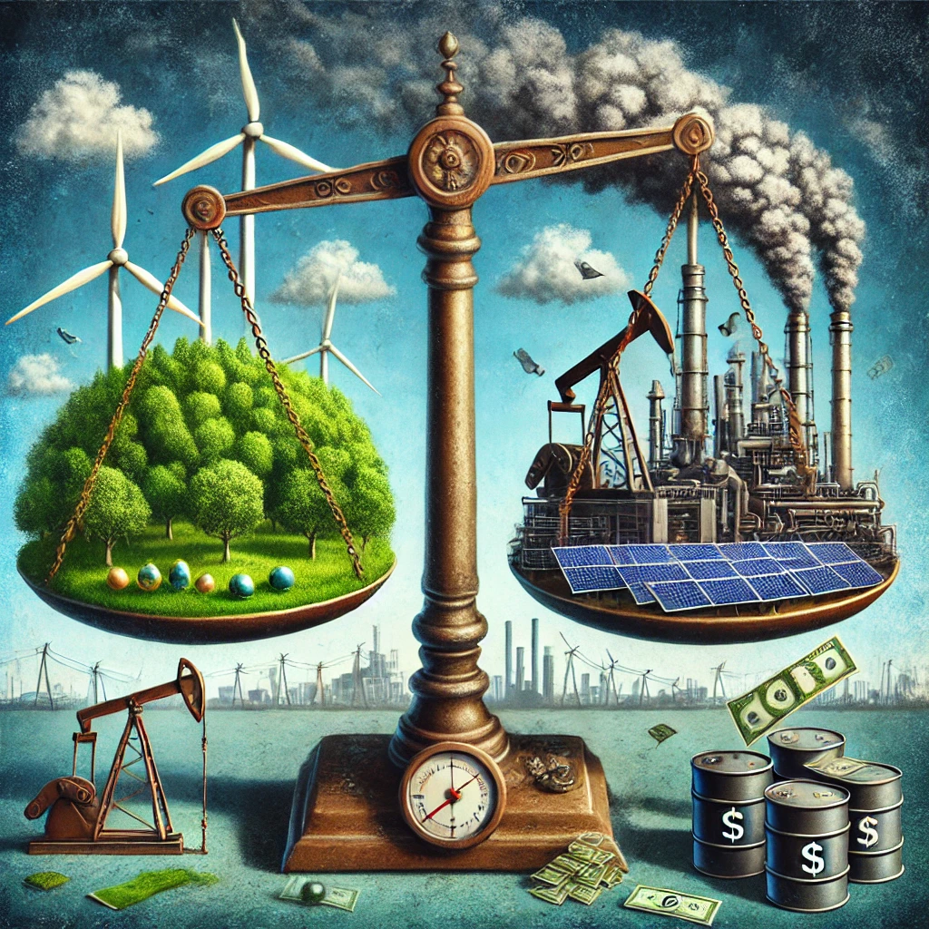 DALL·E 2025 02 21 17.44.13 A conceptual illustration depicting the balance between environmental commitments and political economic realities. The image features a large old fa