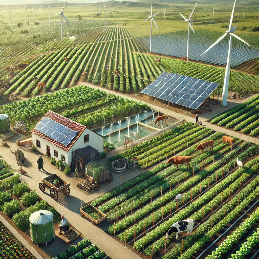 DALL·E 2024 09 16 11.37.00 A highly photorealistic image of an eco friendly farm practicing sustainable agriculture. The farm is set in a rural landscape with large fields of he 1